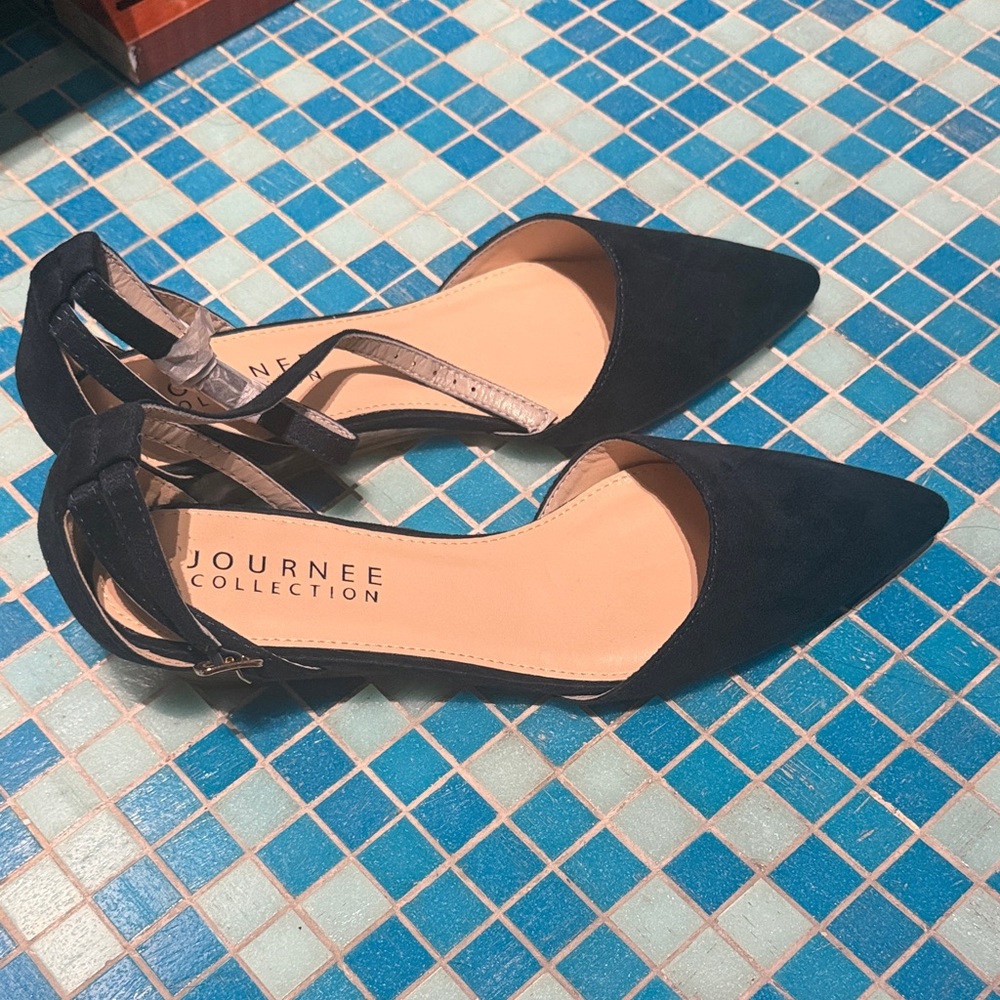 Journee Collection Blue navy Pointed D'Orsay Flats with Ankle Strap